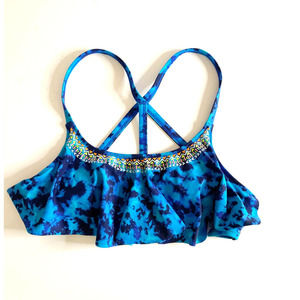Victoria Secret Swim Top Blue Tie Dye Embroidery Bikini Top Beach Size Small